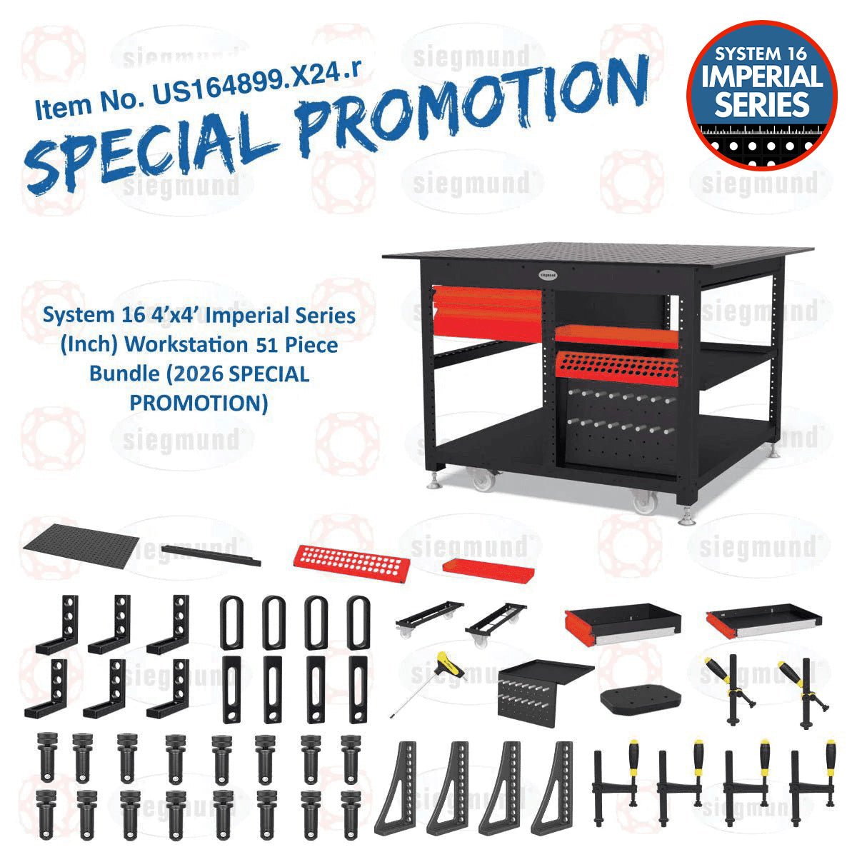 US164899.X24.r: System 16 4'x4' Imperial Series (Inch) Workstation Bundle (2026 SPECIAL PROMOTION) - System 16 Imperial Series Welding Tables by Siegmund - The Flattest, Most Reliable Welding Tables & Fixturing Accessories in the World