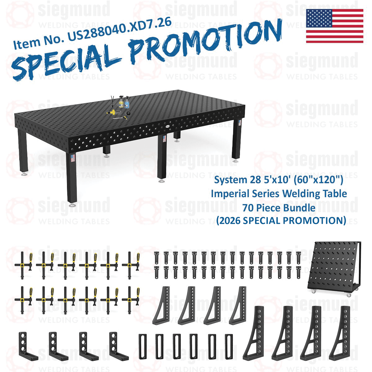 US288040.XD7.26: System 28 5'x10' (60"x120") Imperial Series (Inch) Welding Table 70 Piece Bundle (2026 SPECIAL PROMOTION) - System 28 Imperial Series Welding Tables by Siegmund - The Flattest, Most Reliable Welding Tables & Fixturing Accessories in the World