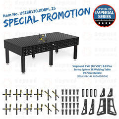 US288130.XD8PL.25: Siegmund 4'x8' (48"x96") 8.8 Plus Series System 28 Welding Table 49 Piece Bundle (2026 SPECIAL PROMOTION) - System 28 Imperial Series Welding Tables by Siegmund - The Flattest, Most Reliable Welding Tables & Fixturing Accessories in the World