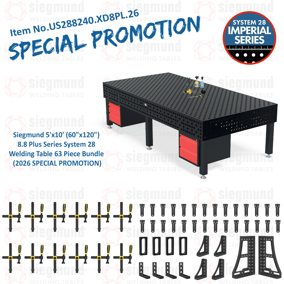 US288240.XD8PL.26: Siegmund 5'x10' (60"x120") 8.8 Plus Series System 28 Welding Table 63 Piece Bundle (2026 SPECIAL PROMOTION) - System 28 Imperial Series Welding Tables by Siegmund - The Flattest, Most Reliable Welding Tables & Fixturing Accessories in the World