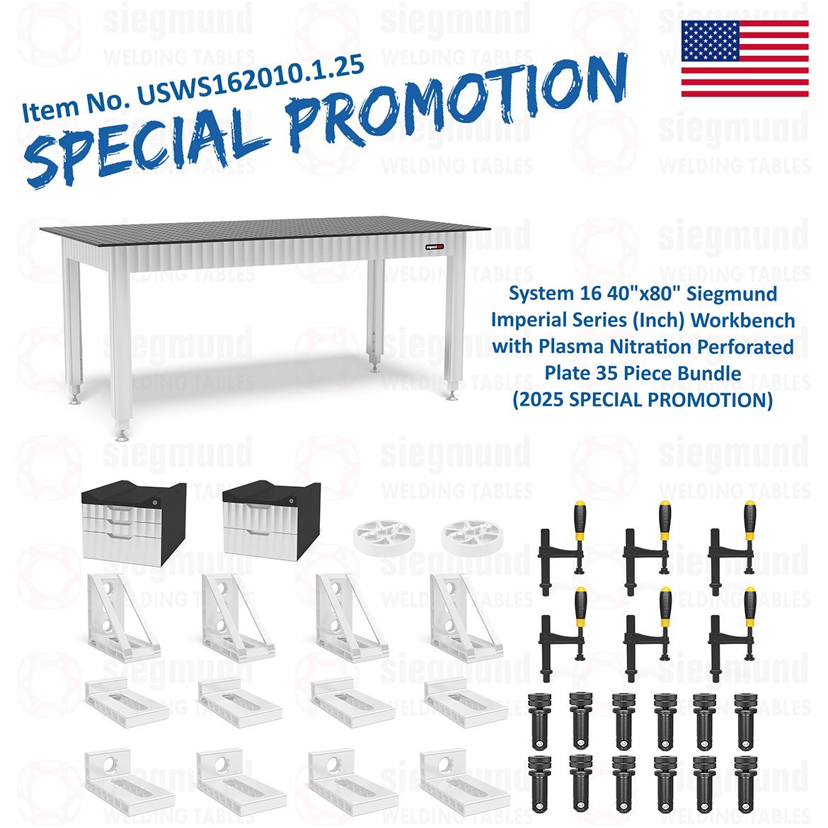 USWS162010.1.25: System 16 40"x80" Siegmund Imperial Series (Inch) Workbench with Plasma Nitration Perforated Plate 35 Piece Bundle (2025 SPECIAL PROMOTION) - System 16 Imperial Series Welding Tables by Siegmund - The Flattest, Most Reliable Welding Tables & Fixturing Accessories in the World