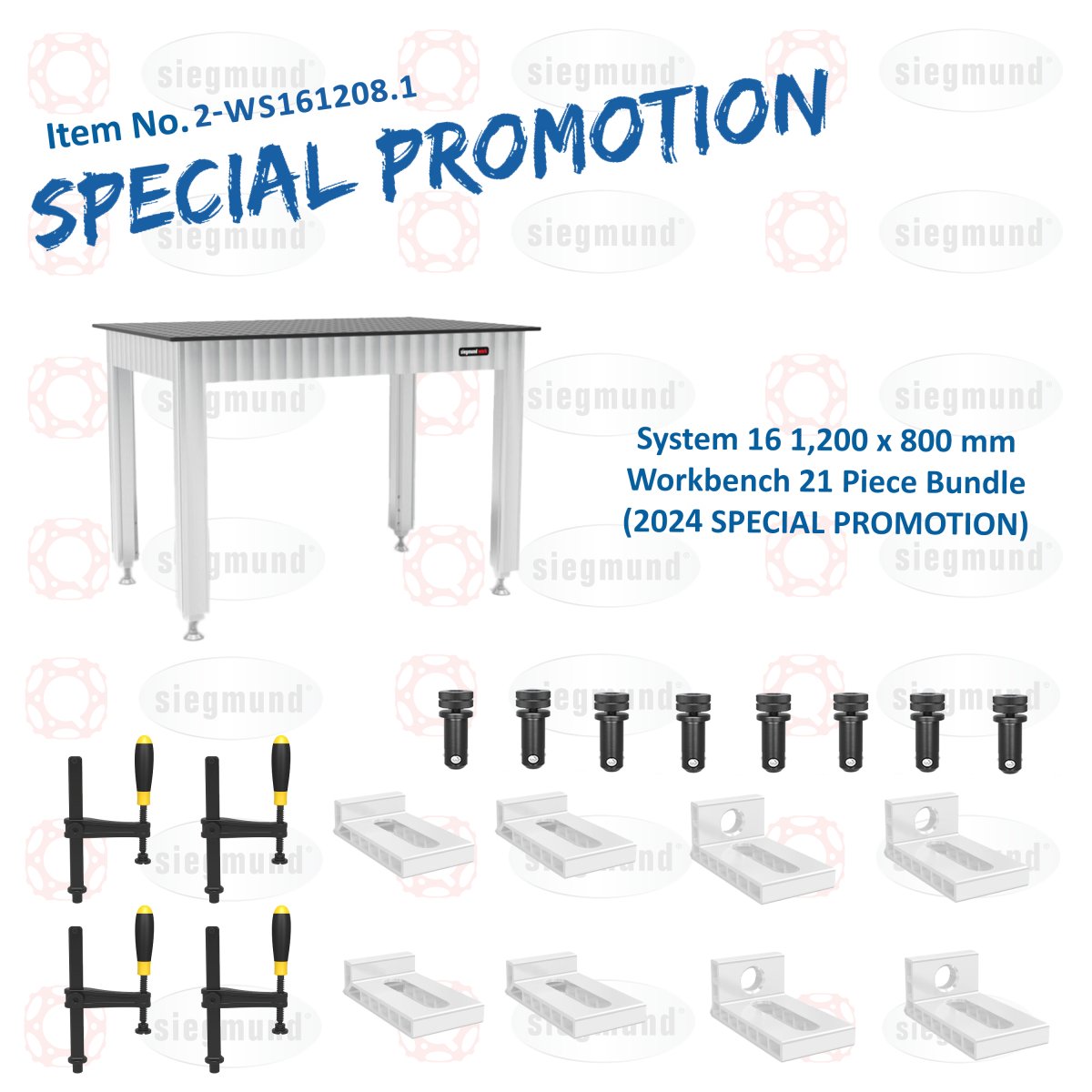 2 - WS161208.1: 1,200x800mm System 16 Workbench, 21 Piece Bundle (2024 SPECIAL PROMOTION) - System 16 Welding Tables by Siegmund - The Flattest, Most Reliable Welding Tables & Fixturing Accessories in the World