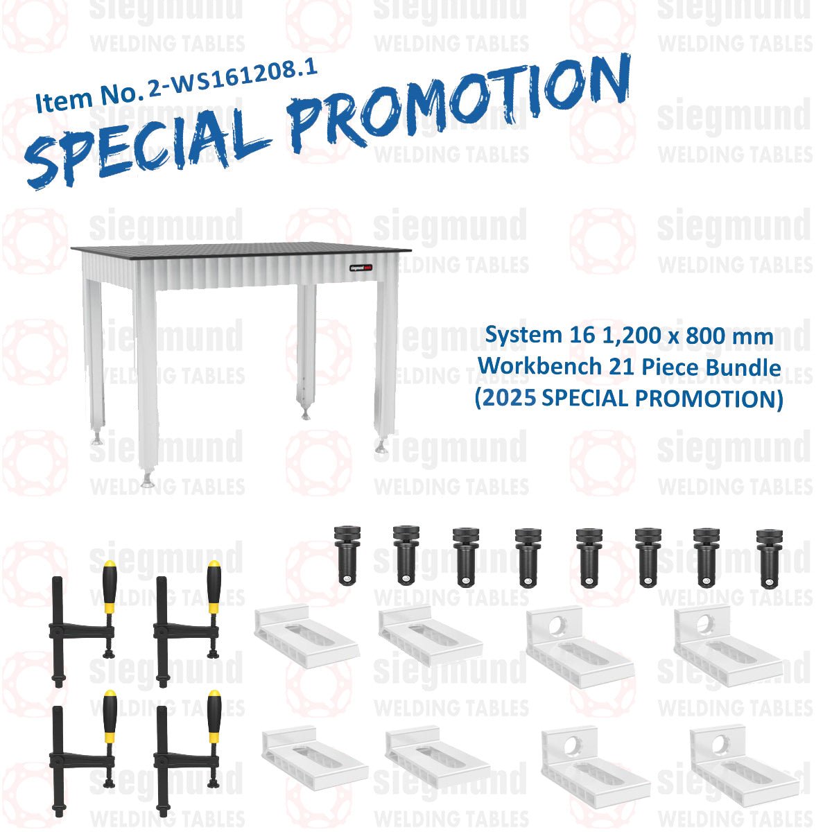 2 - WS161208.1: 1,200x800mm System 16 Workbench, 21 Piece Bundle (2025 SPECIAL PROMOTION) - System 16 Welding Tables by Siegmund - The Flattest, Most Reliable Welding Tables & Fixturing Accessories in the World