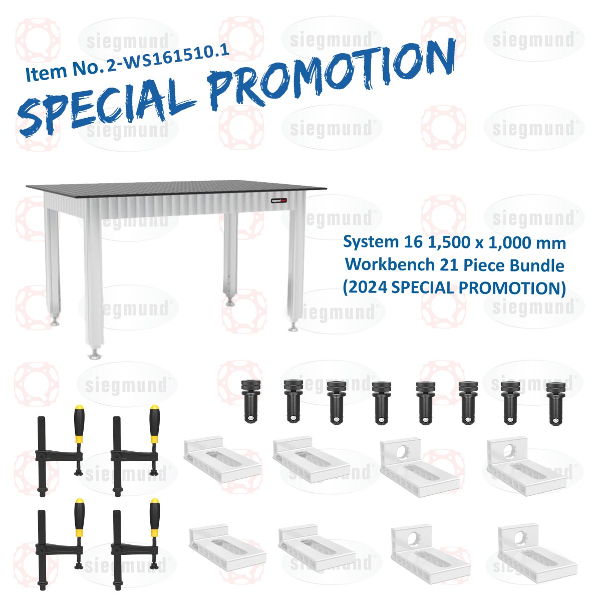 2 - WS161510.1: 1,500x1,000mm System 16 Workbench, 21 Piece Bundle (2024 SPECIAL PROMOTION) - System 16 Welding Tables by Siegmund - The Flattest, Most Reliable Welding Tables & Fixturing Accessories in the World