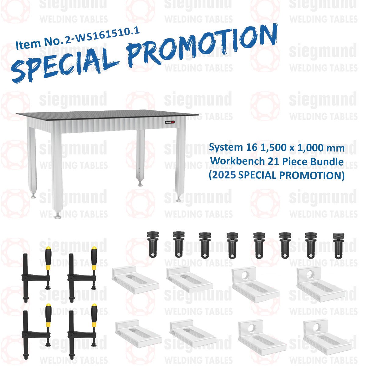 2 - WS161510.1: 1,500x1,000mm System 16 Workbench, 21 Piece Bundle (2025 SPECIAL PROMOTION) - System 16 Welding Tables by Siegmund - The Flattest, Most Reliable Welding Tables & Fixturing Accessories in the World