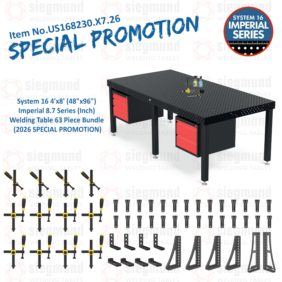 US168230.X7.26: System 16 4'x8' (48"x96") Imperial 8.7 Series (Inch) Welding Table 63 Piece Bundle (2026 SPECIAL PROMOTION)