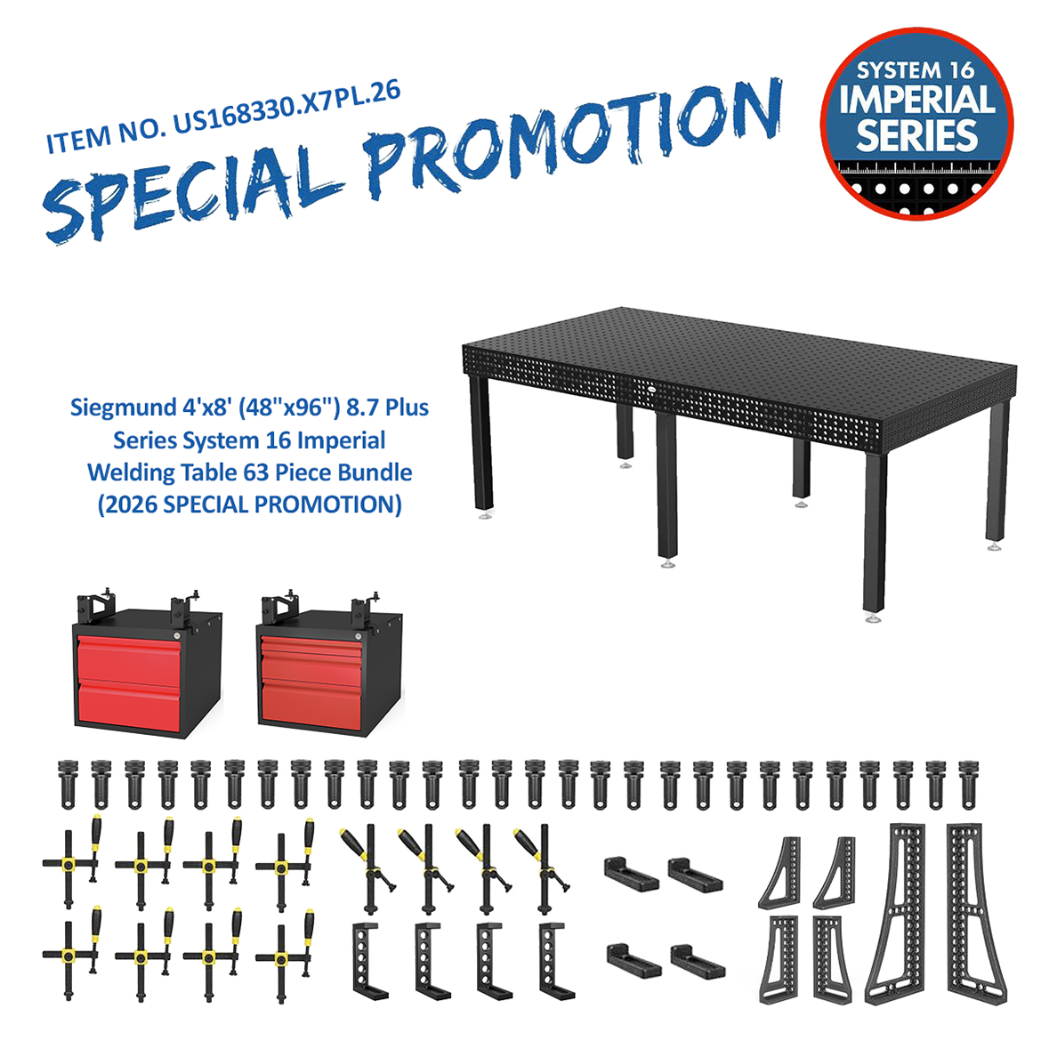 US168330.X7PL.26: Siegmund 4'x8' (48"x96") 8.7 Plus Series System 16 Imperial Welding Table 63 Piece Bundle (2026 SPECIAL PROMOTION)