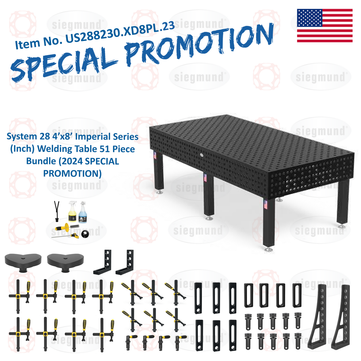 US288230.XD8PL.23: Siegmund 4'x8' (48"x96") 8.8 Plus Series System 28 Welding Table 51 Piece Bundle (2024 SPECIAL PROMOTION)