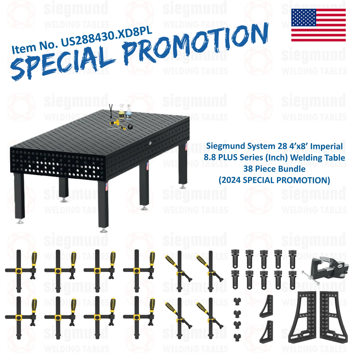 US288430.XD8PL: Siegmund 4'x8' (48"x96") 8.8 Imperial Plus Series System 28 Welding Table 38 Piece Bundle (2024 SPECIAL PROMOTION)