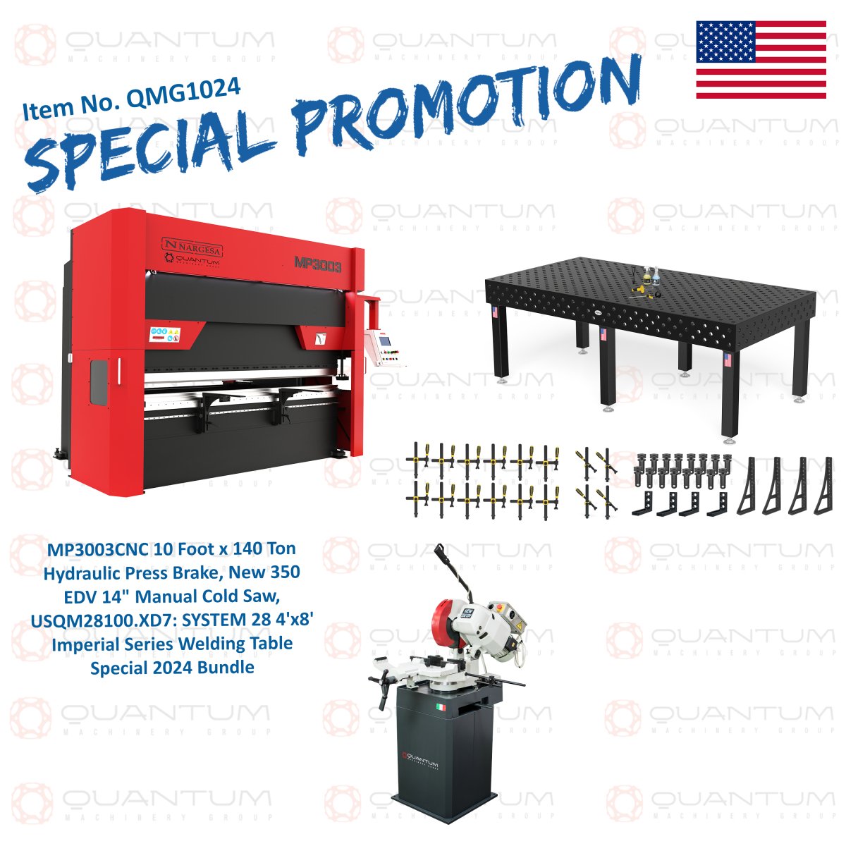 QMG1024: Ultimate Metalworking Special Bundle incl. System 28 4'x8' Imperial (Inch) Welding Table 43 Piece Bundle, MP3003CNC: 10 FOOT x 140 Ton Hydrualic Press Brake, NEW 350 EDV: 14" Cold Saw - System 28 Imperial Series Welding Tables by Siegmund - The Flattest, Most Reliable Welding Tables & Fixturing Accessories in the World