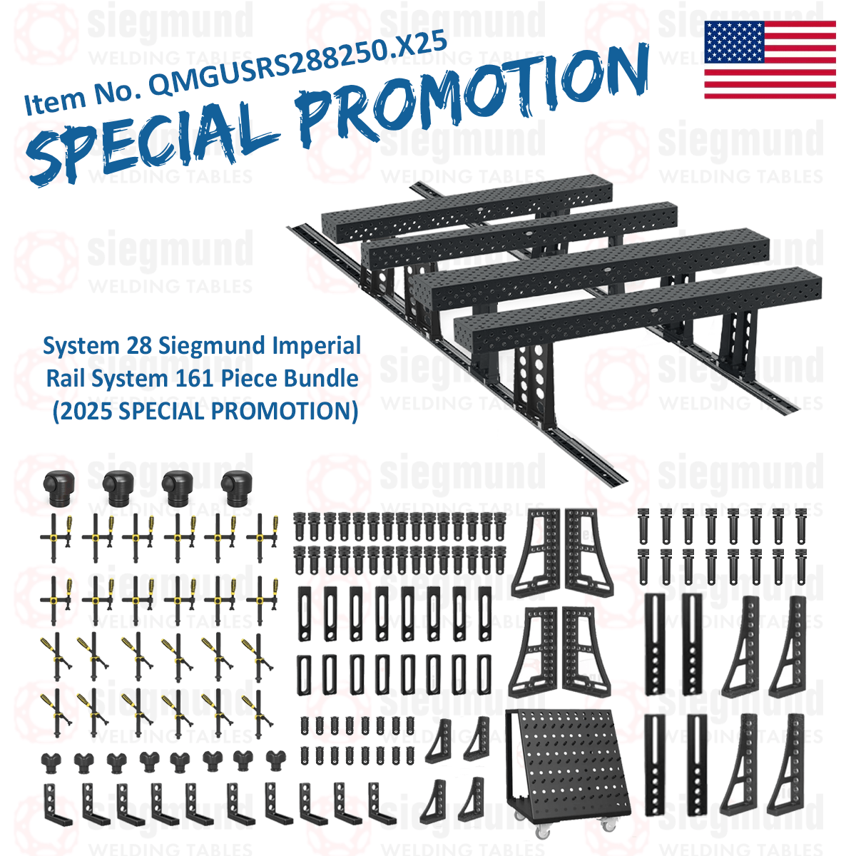 QMGUSRS288250.X25: System 28 Siegmund Imperial Rail System 161 Piece Bundle (2025 SPECIAL PROMOTION) - System 28 Imperial Series Welding Tables by Siegmund - The Flattest, Most Reliable Welding Tables & Fixturing Accessories in the World