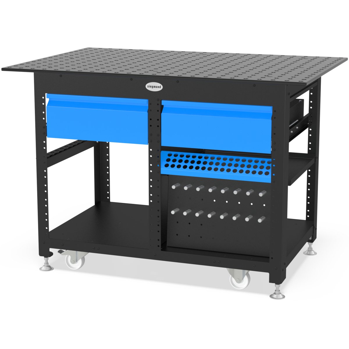 US164003: System 16 Workstation Including 2.8'x4' (32"x48") Perforated Plate & 2 Storage Drawers (Siegmund Imperial Series) - System 16 Imperial Series Welding Tables by Siegmund - The Flattest, Most Reliable Welding Tables & Fixturing Accessories in the World