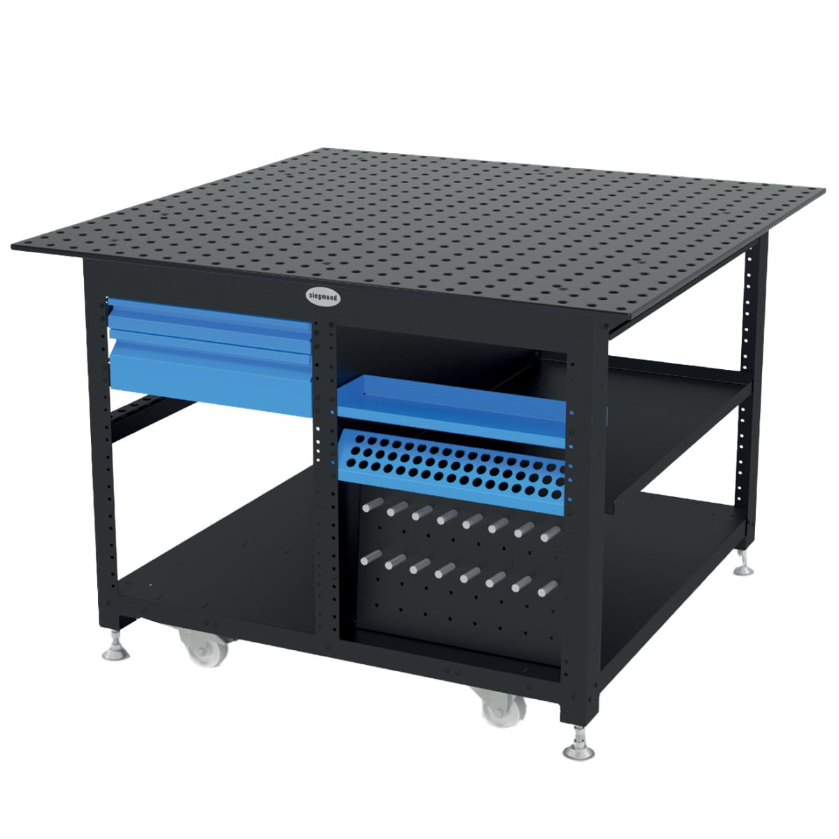 US164603: System 16 Workstation Including 4'x4' (48"x48") Perforated Plate & 2 Storage Drawers (Siegmund Imperial Series) - System 16 Imperial Series Welding Tables by Siegmund - The Flattest, Most Reliable Welding Tables & Fixturing Accessories in the World