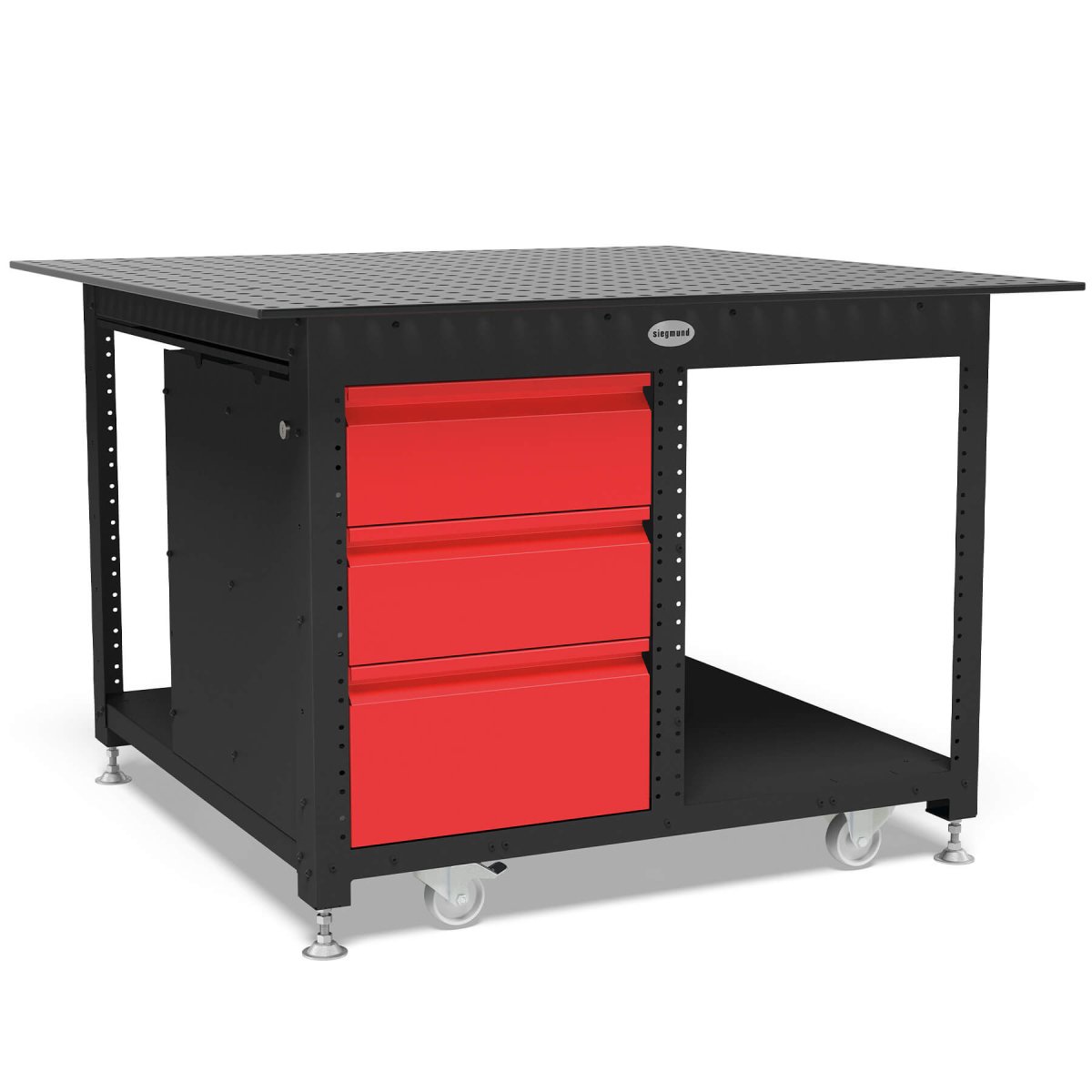 US164607: System 16 Workstation Including 4'x4' (48"x48") Perforated Plate with 3 Drawers, Half Closed Walls (Siegmund Imperial Series) - System 16 Imperial Series Welding Tables by Siegmund - The Flattest, Most Reliable Welding Tables & Fixturing Accessories in the World