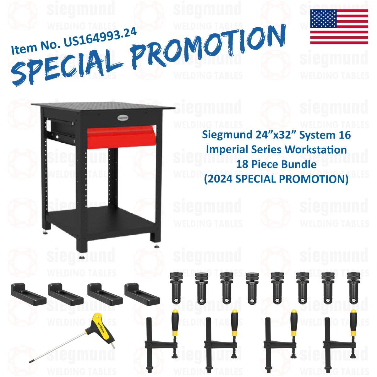 US164993.24: System 16 Workstation Including 24"x32" Perforated Plate with Drawer 18 Piece Bundle (2024 SPECIAL PROMOTION) - System 16 Imperial Series Welding Tables by Siegmund - The Flattest, Most Reliable Welding Tables & Fixturing Accessories in the World