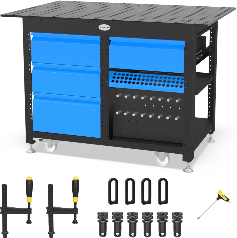 US167323: System 16 Workstation with "Set A" Including 2.8'x4' (32"x48") Perforated Plate & 4 Storage Drawers (Siegmund Imperial Series) - System 16 Imperial Series Welding Tables by Siegmund - The Flattest, Most Reliable Welding Tables & Fixturing Accessories in the World