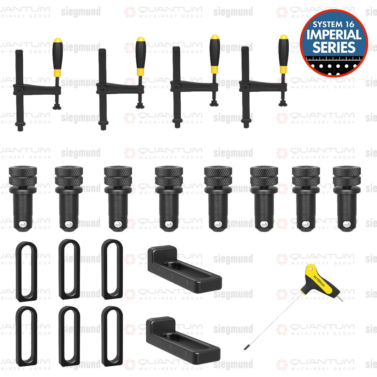 US167340: Set B, 21 Piece Accessory Kit for the System 16 Imperial Series Workstations - 16mm Imperial Series Welding Table Accessories by Siegmund - The Flattest, Most Reliable Welding Tables & Fixturing Accessories in the World