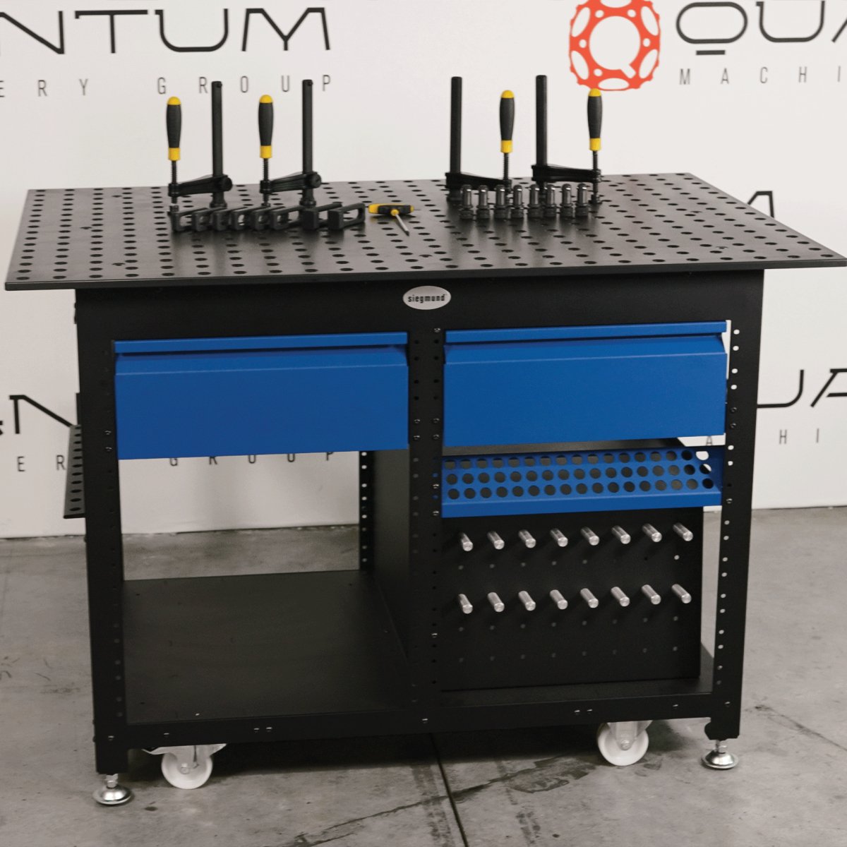 US167342: System 16 Workstation with "Set B" Including 2.8'x4' (32"x48") Perforated Plate & 2 Storage Drawers (Siegmund Imperial Series) - System 16 Imperial Series Welding Tables by Siegmund - The Flattest, Most Reliable Welding Tables & Fixturing Accessories in the World