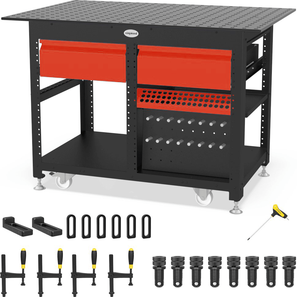 US167342.r: System 16 Workstation with "Set B" Including 2.8'x4' (32"x48") Perforated Plate & 2 Storage Drawers (Siegmund Imperial Series) - System 16 Imperial Series Welding Tables by Siegmund - The Flattest, Most Reliable Welding Tables & Fixturing Accessories in the World