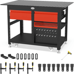 US167342.r: System 16 Workstation with "Set B" Including 2.8'x4' (32"x48") Perforated Plate & 2 Storage Drawers (Siegmund Imperial Series) - System 16 Imperial Series Welding Tables by Siegmund - The Flattest, Most Reliable Welding Tables & Fixturing Accessories in the World