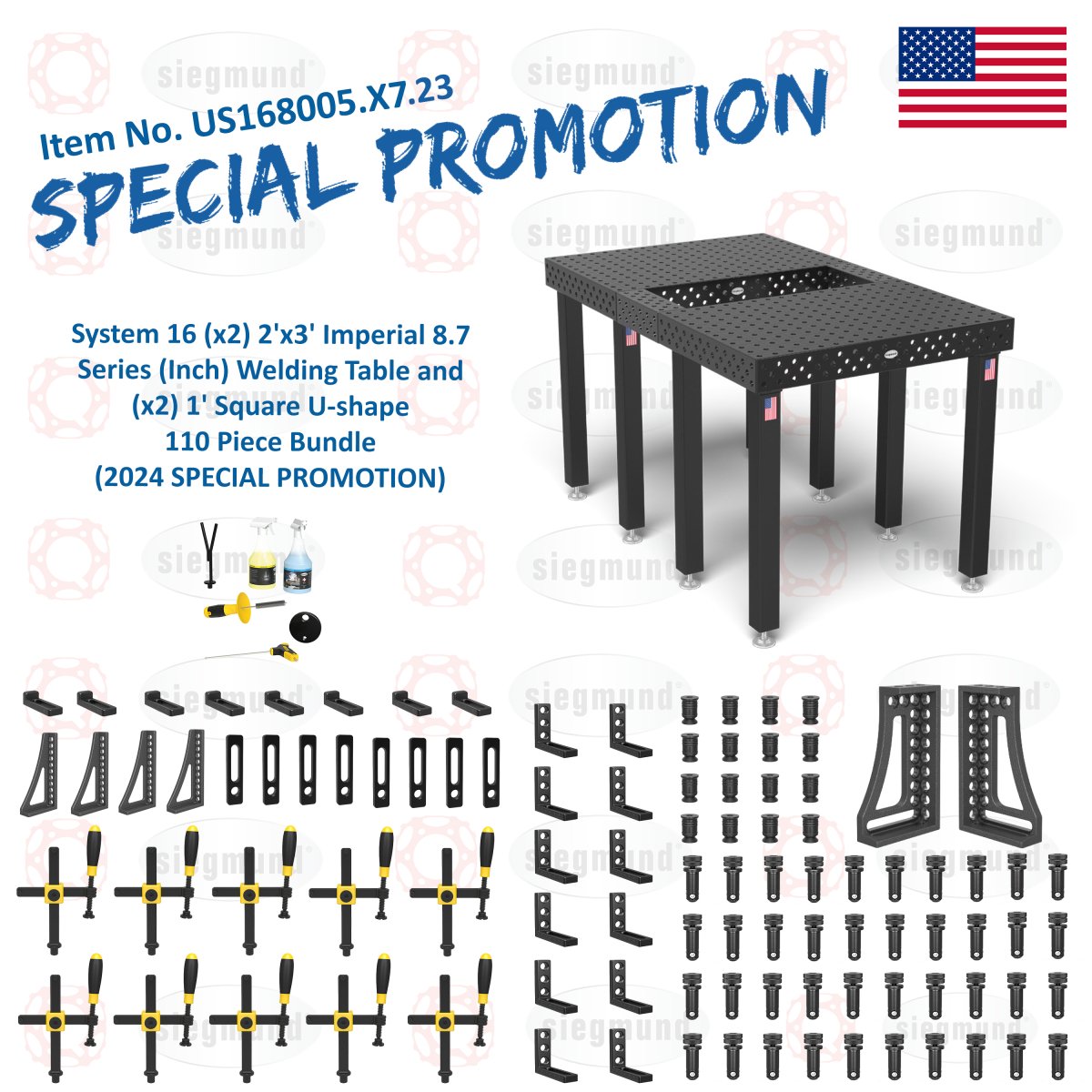 US168005.X7.23: System 16 (x2) 2'x3' (24"x36") Imperial 8.7 Series (Inch) Welding Table and (x2) 1' Square U - shape 110 Piece Bundle (2024 SPECIAL PROMOTION) - System 16 Imperial Series Welding Tables by Siegmund - The Flattest, Most Reliable Welding Tables & Fixturing Accessories in the World