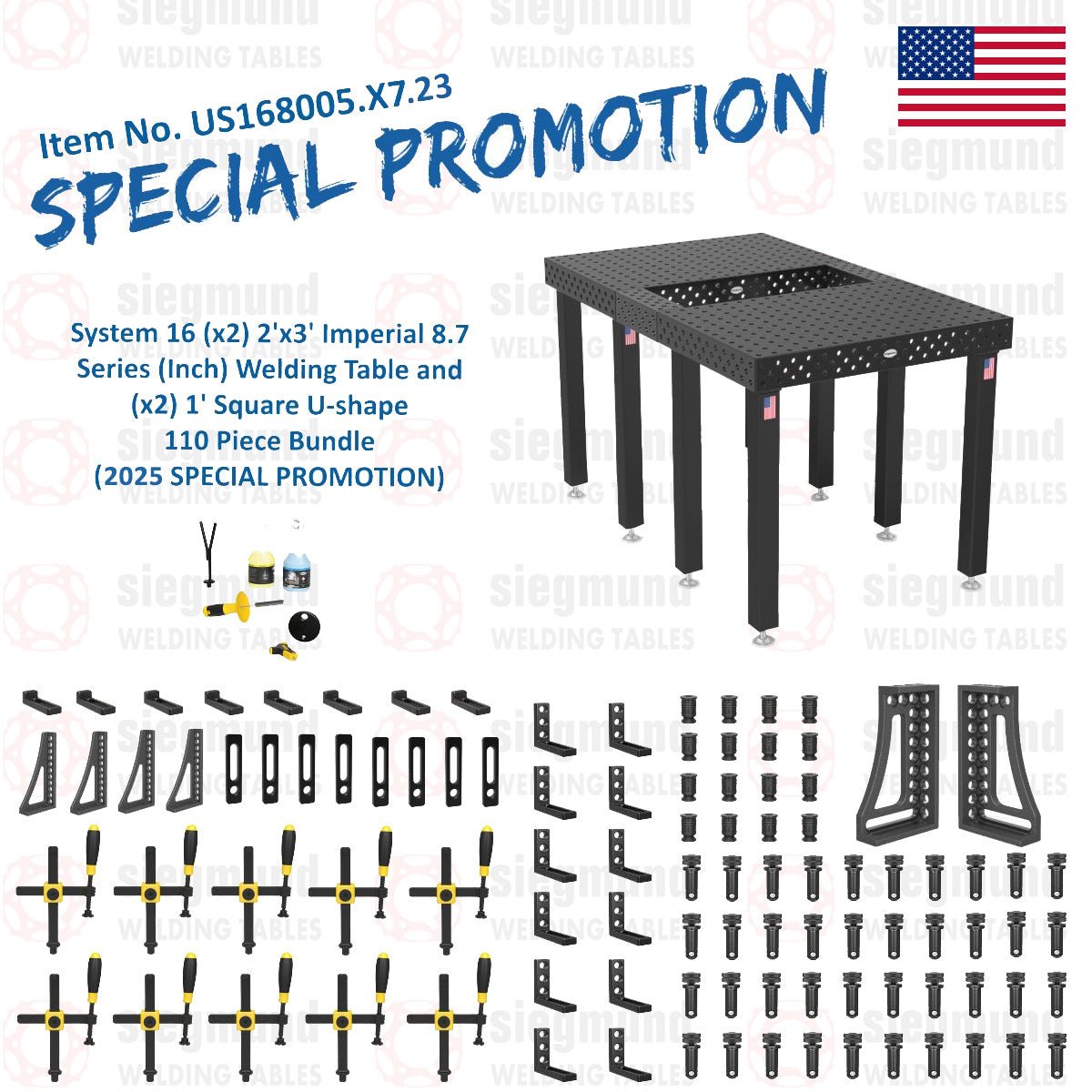 US168005.X7.23: System 16 (x2) 2'x3' (24"x36") Imperial 8.7 Series (Inch) Welding Table and (x2) 1' Square U - shape 110 Piece Bundle (2025 SPECIAL PROMOTION) - System 16 Imperial Series Welding Tables by Siegmund - The Flattest, Most Reliable Welding Tables & Fixturing Accessories in the World