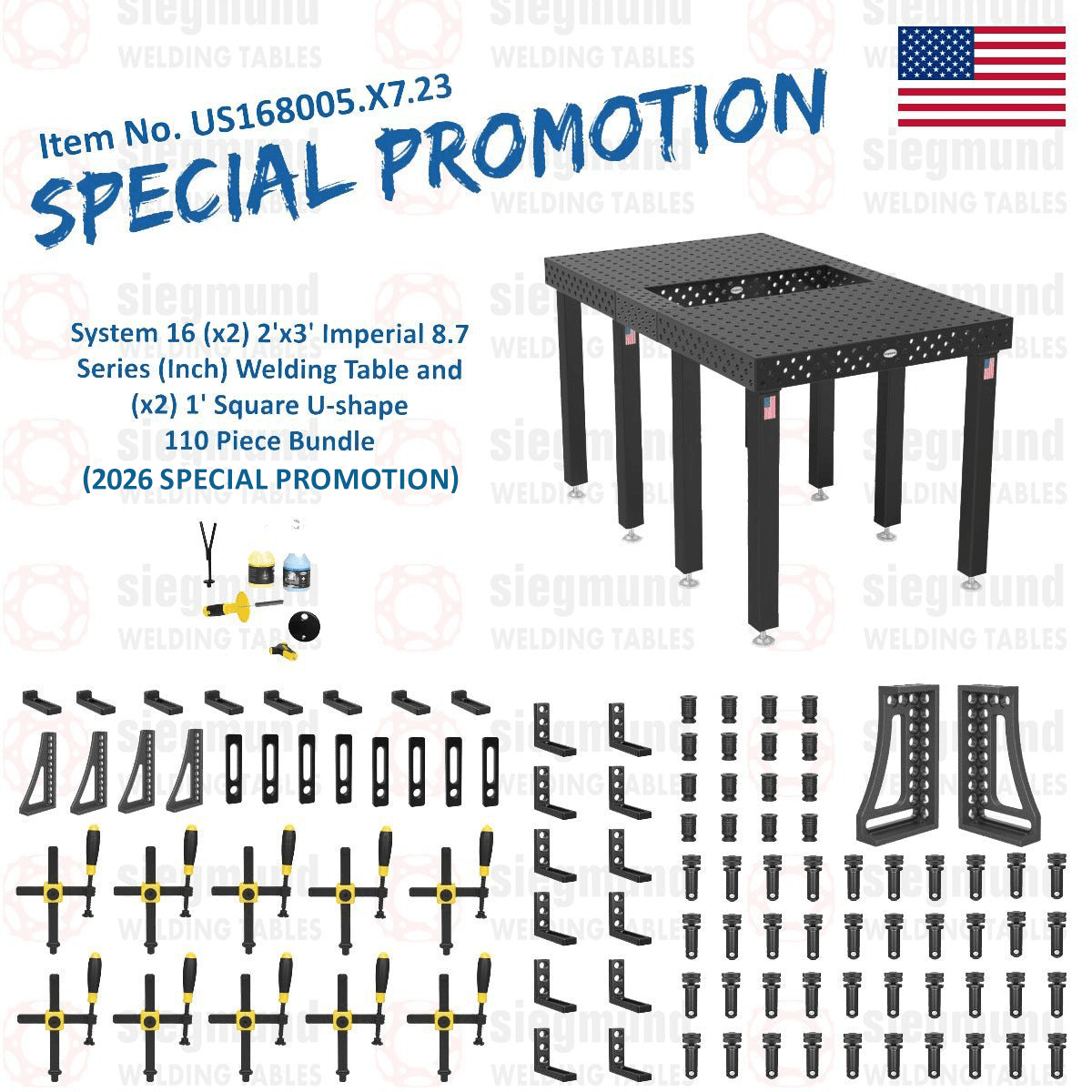 US168005.X7.23: System 16 (x2) 2'x3' (24"x36") Imperial 8.7 Series (Inch) Welding Table and (x2) 1' Square U - shape 110 Piece Bundle (2026 SPECIAL PROMOTION) - System 16 Imperial Series Welding Tables by Siegmund - The Flattest, Most Reliable Welding Tables & Fixturing Accessories in the World