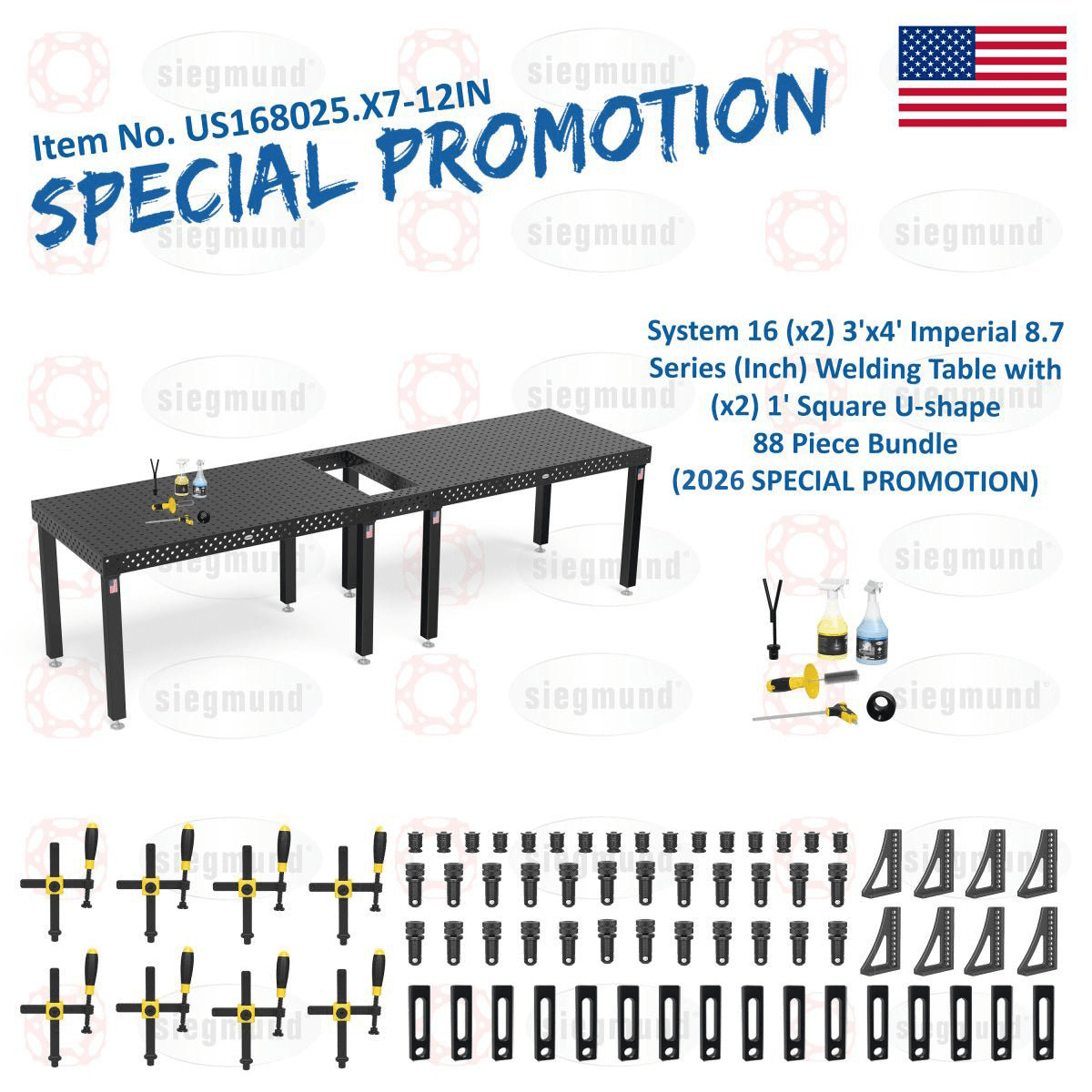 US168025.X7 - 12IN: System 16 (x2) 3'x4' (36"x48') Imperial 8.7 Series (Inch) Welding Table and (x2) 1' Square U - shape 88 Piece Bundle (2026 SPECIAL PROMOTION) - System 16 Imperial Series Welding Tables by Siegmund - The Flattest, Most Reliable Welding Tables & Fixturing Accessories in the World