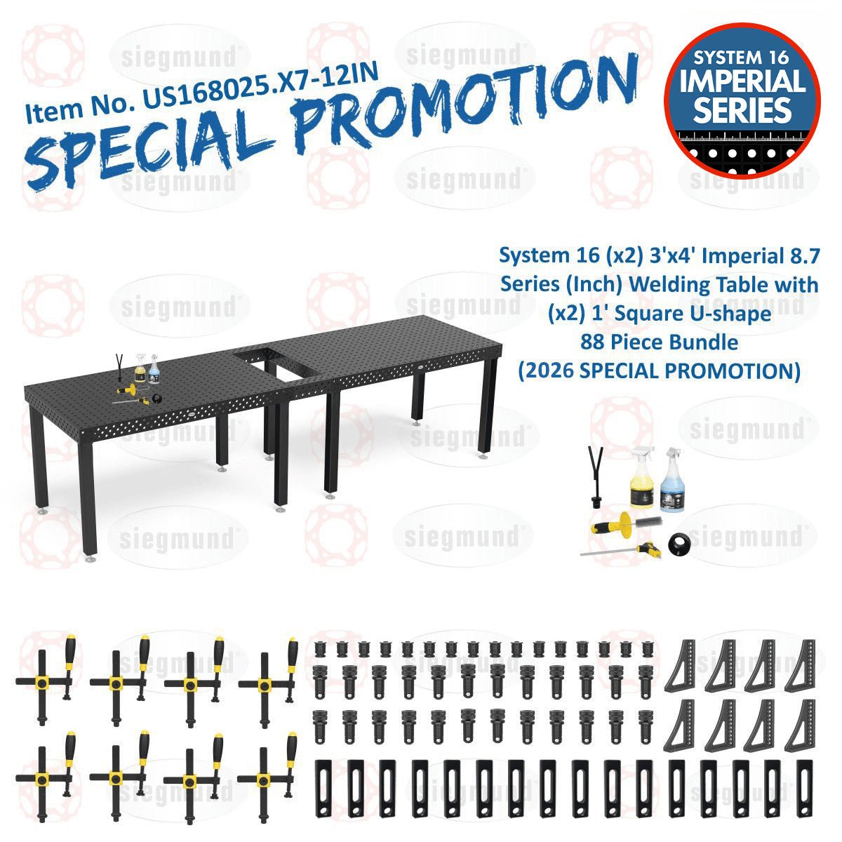 US168025.X7-12IN: System 16 (x2) 3'x4' (36"x48') Imperial 8.7 Series (Inch) Welding Table and (x2) 1' Square U-shape 88 Piece Bundle (2026 SPECIAL PROMOTION) - System 16 Imperial Series Welding Tables by Siegmund - The Flattest, Most Reliable Welding Tables & Fixturing Accessories in the World
