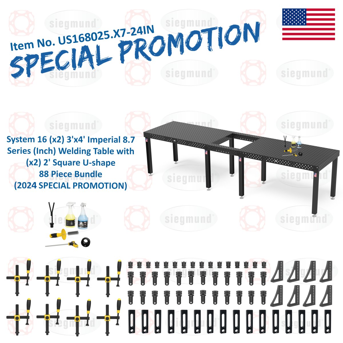 US168025.X7 - 24IN: System 16 (x2) 3'x4' (36"x48") Imperial 8.7 Series (Inch) Welding Table and (x2) 2' Square U - shape 88 Piece Bundle (2024 SPECIAL PROMOTION) - System 16 Imperial Series Welding Tables by Siegmund - The Flattest, Most Reliable Welding Tables & Fixturing Accessories in the World