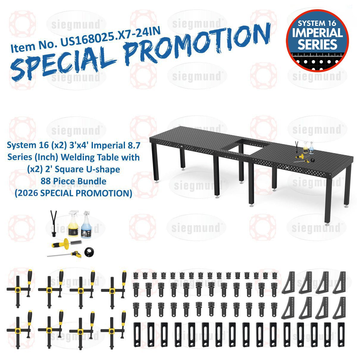 US168025.X7-24IN: System 16 (x2) 3'x4' (36"x48") Imperial 8.7 Series (Inch) Welding Table and (x2) 2' Square U-shape 88 Piece Bundle (2026 SPECIAL PROMOTION) - System 16 Imperial Series Welding Tables by Siegmund - The Flattest, Most Reliable Welding Tables & Fixturing Accessories in the World