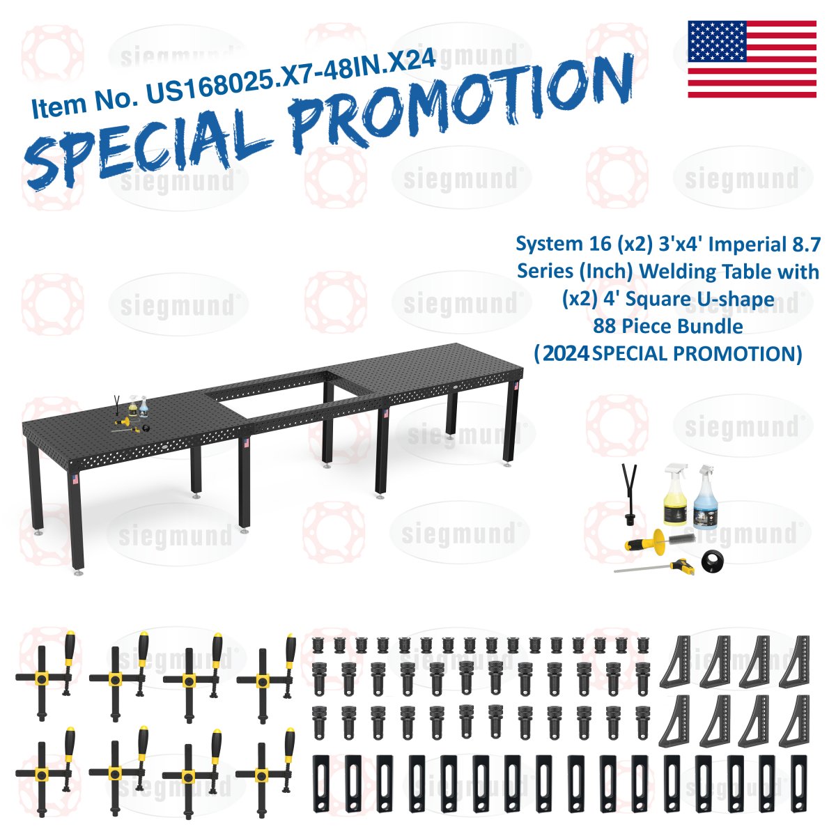 US168025.X7 - 48IN.X24: System 16 (x2) 3'x4' (36"x48") Imperial 8.7 Series (Inch) Welding Table and (x2) 4' Square U - shape 88 Piece Bundle (2024 SPECIAL PROMOTION) - System 16 Imperial Series Welding Tables by Siegmund - The Flattest, Most Reliable Welding Tables & Fixturing Accessories in the World