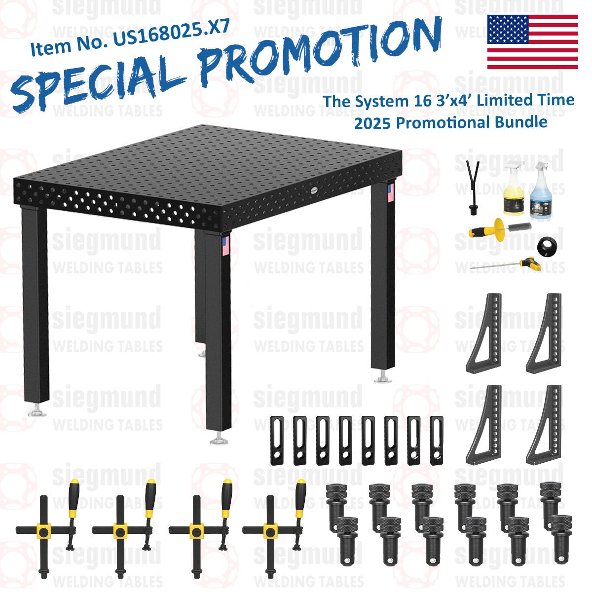 US168025.X7: System 16 3'x4' (36"x48") Imperial Series (Inch) Welding Table Bundle (2025 SPECIAL PROMOTION) - System 16 Imperial Series Welding Tables by Siegmund - The Flattest, Most Reliable Welding Tables & Fixturing Accessories in the World