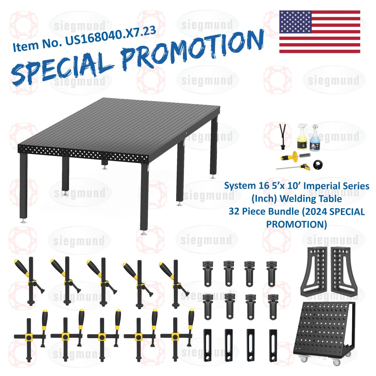 US168040.X7.23: System 16 5'x10' (60"x120") Imperial 8.7 Series (Inch) Welding Table 32 Piece Bundle (2024 SPECIAL PROMOTION) - System 16 Imperial Series Welding Tables by Siegmund - The Flattest, Most Reliable Welding Tables & Fixturing Accessories in the World