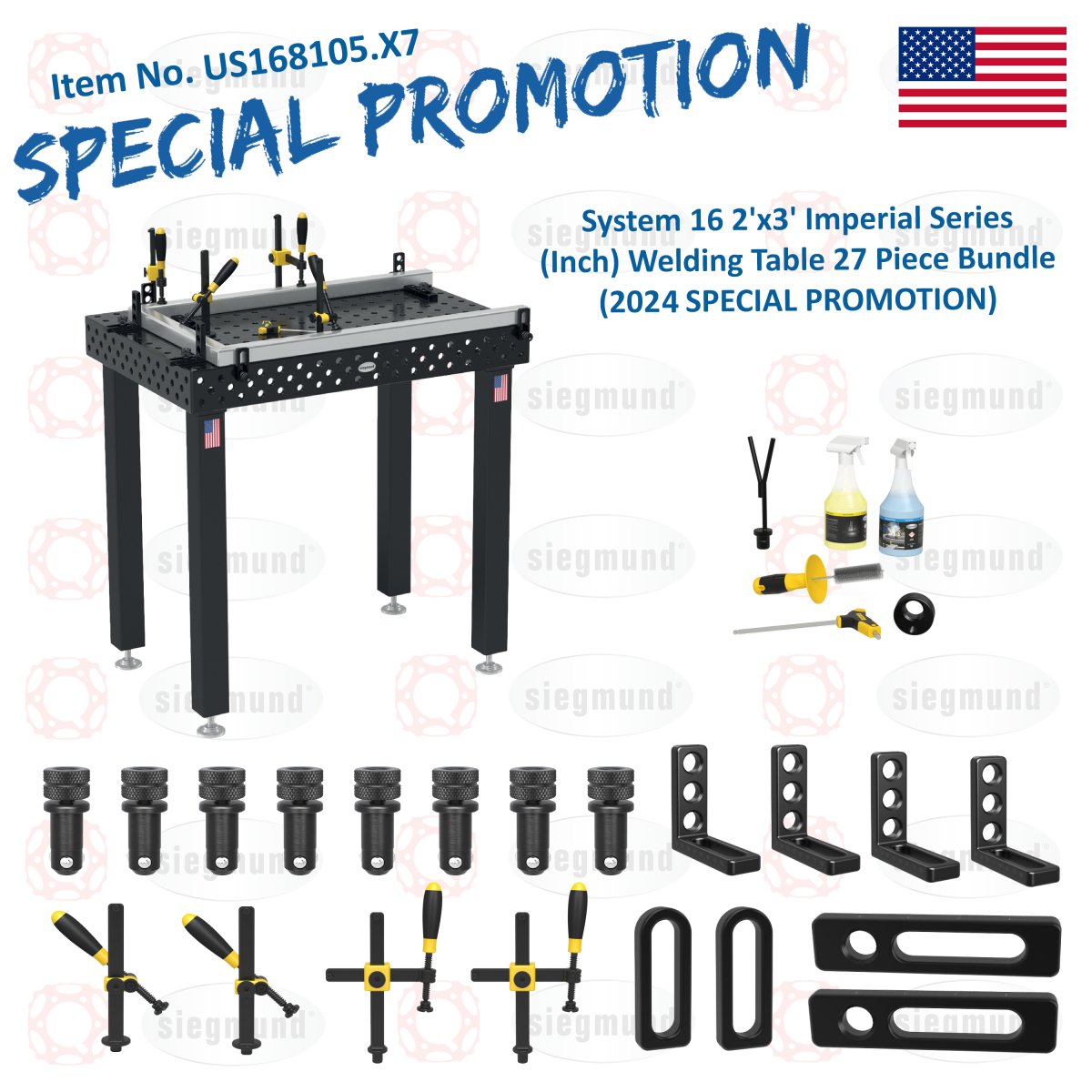 US168105.X7: System 16 2'x3' (24"x36") Imperial Series (Inch) Welding Table 27 Piece Bundle (2024 SPECIAL PROMOTION) - System 16 Imperial Series Welding Tables by Siegmund - The Flattest, Most Reliable Welding Tables & Fixturing Accessories in the World