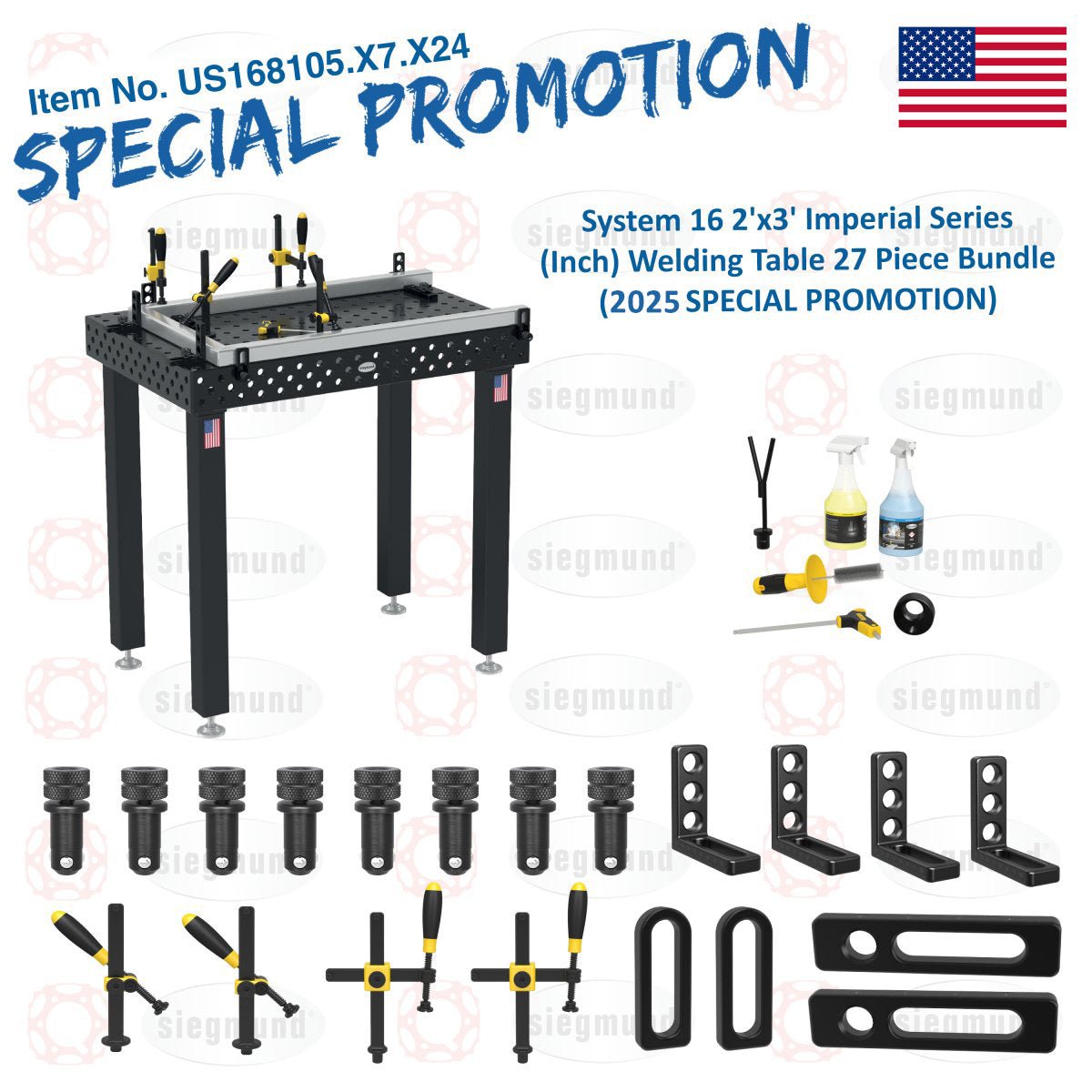 US168105.X7.X24: System 16 2'x3' (24"x36") Imperial Series (Inch) Welding Table 27 Piece Bundle (2025 SPECIAL PROMOTION) - System 16 Imperial Series Welding Tables by Siegmund - The Flattest, Most Reliable Welding Tables & Fixturing Accessories in the World