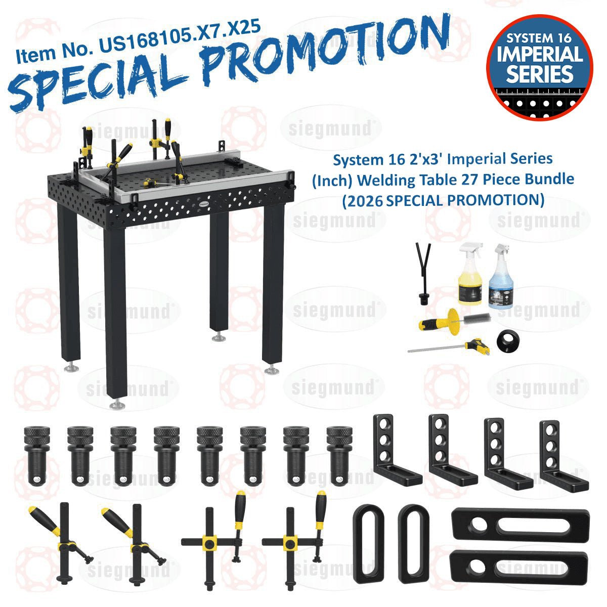 US168105.X7.X25: System 16 2'x3' (24"x36") Imperial Series (Inch) Welding Table 27 Piece Bundle (2026 SPECIAL PROMOTION) - System 16 Imperial Series Welding Tables by Siegmund - The Flattest, Most Reliable Welding Tables & Fixturing Accessories in the World