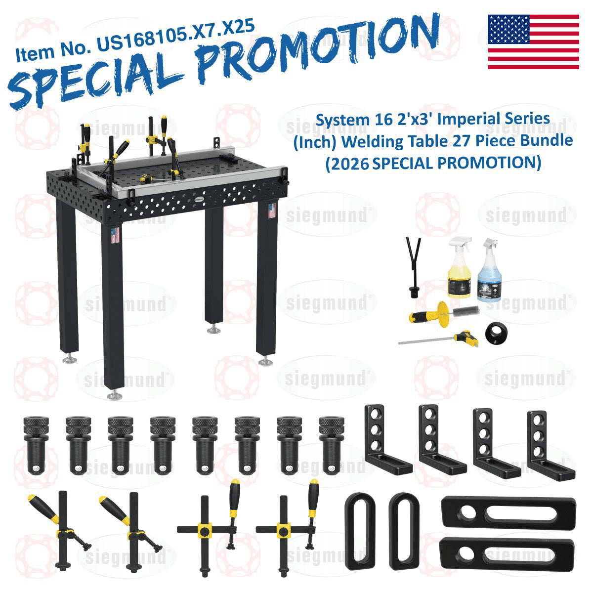 US168105.X7.X25: System 16 2'x3' (24"x36") Imperial Series (Inch) Welding Table 27 Piece Bundle (2026 SPECIAL PROMOTION) - System 16 Imperial Series Welding Tables by Siegmund - The Flattest, Most Reliable Welding Tables & Fixturing Accessories in the World