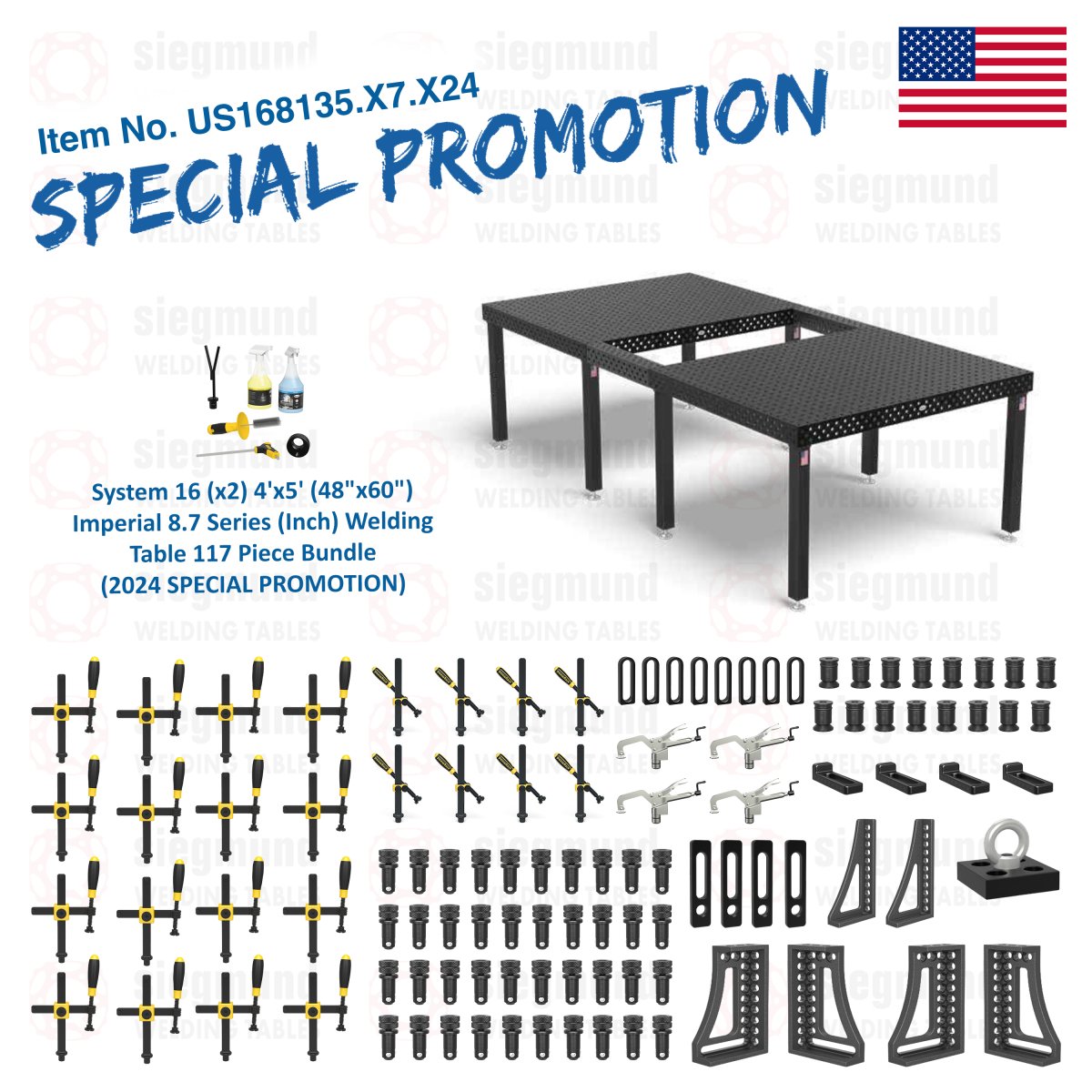 US168135.X7.24: System 16 (x2) 4'x5' (48"x60") Imperial 8.7 Series (Inch) Welding Table 117 Piece Bundle (2024 SPECIAL PROMOTION) - System 16 Imperial Series Welding Tables by Siegmund - The Flattest, Most Reliable Welding Tables & Fixturing Accessories in the World