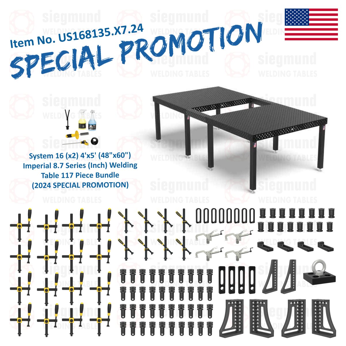 US168135.X7.24: System 16 (x2) 4'x5' (48"x60") Imperial 8.7 Series (Inch) Welding Table 117 Piece Bundle (2024 SPECIAL PROMOTION) - System 16 Imperial Series Welding Tables by Siegmund - The Flattest, Most Reliable Welding Tables & Fixturing Accessories in the World