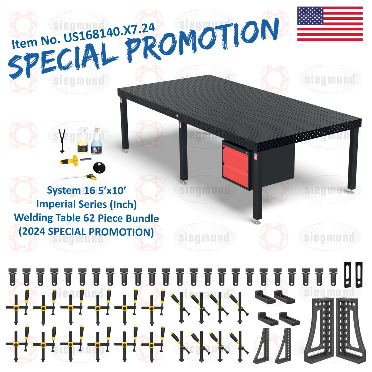 US168140.X7.24: System 16 5'x10' (60"x120") Imperial 8.7 Series (Inch) Welding Table 62 Piece Bundle (2024 SPECIAL PROMOTION) - System 16 Imperial Series Welding Tables by Siegmund - The Flattest, Most Reliable Welding Tables & Fixturing Accessories in the World