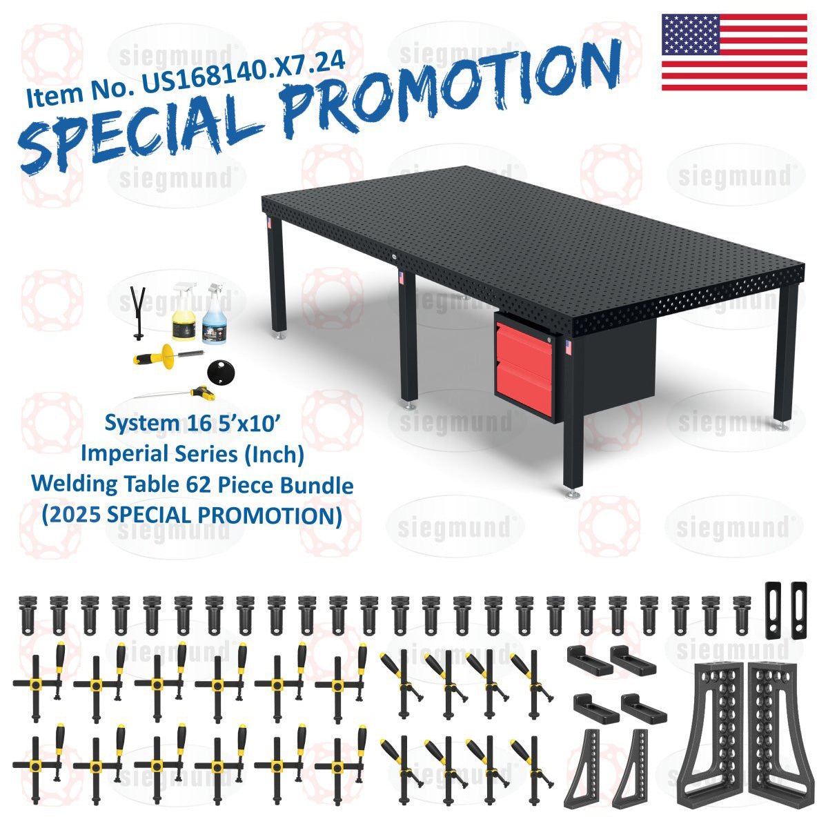 US168140.X7.24: System 16 5'x10' (60"x120") Imperial 8.7 Series (Inch) Welding Table 62 Piece Bundle (2025 SPECIAL PROMOTION) - System 16 Imperial Series Welding Tables by Siegmund - The Flattest, Most Reliable Welding Tables & Fixturing Accessories in the World