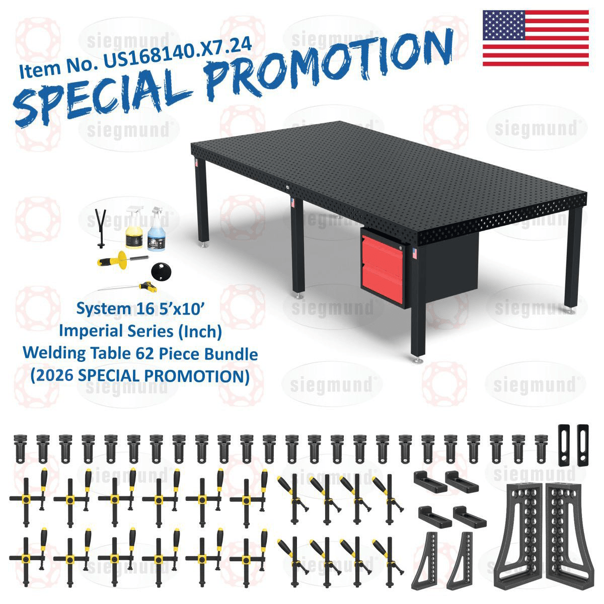 US168140.X7.24: System 16 5'x10' (60"x120") Imperial 8.7 Series (Inch) Welding Table 62 Piece Bundle (2026 SPECIAL PROMOTION) - System 16 Imperial Series Welding Tables by Siegmund - The Flattest, Most Reliable Welding Tables & Fixturing Accessories in the World