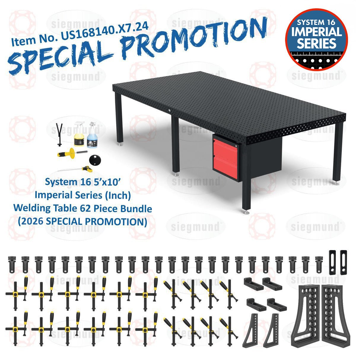 US168140.X7.24: System 16 5'x10' (60"x120") Imperial 8.7 Series (Inch) Welding Table 62 Piece Bundle (2026 SPECIAL PROMOTION) - System 16 Imperial Series Welding Tables by Siegmund - The Flattest, Most Reliable Welding Tables & Fixturing Accessories in the World