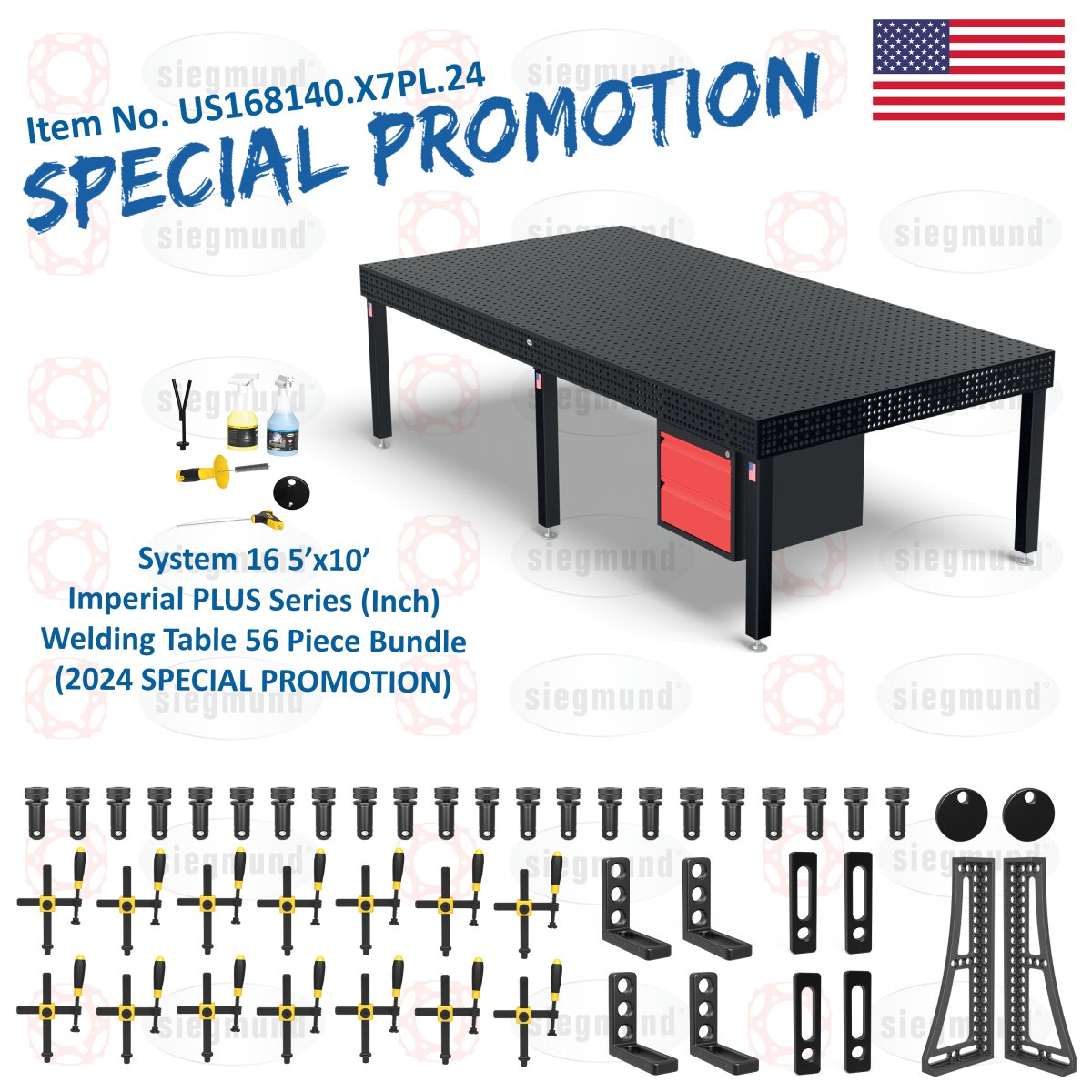 US168140.X7PL.24: Siegmund 5'x10' (60"x120") 8.7 Plus Series System 16 Imperial Welding Table 56 Piece Bundle (2024 SPECIAL PROMOTION) - System 16 Imperial Series Welding Tables by Siegmund - The Flattest, Most Reliable Welding Tables & Fixturing Accessories in the World