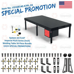 US168140.X7PL.24: Siegmund 5'x10' (60"x120") 8.7 Plus Series System 16 Imperial Welding Table 56 Piece Bundle (2025 SPECIAL PROMOTION) - System 16 Imperial Series Welding Tables by Siegmund - The Flattest, Most Reliable Welding Tables & Fixturing Accessories in the World