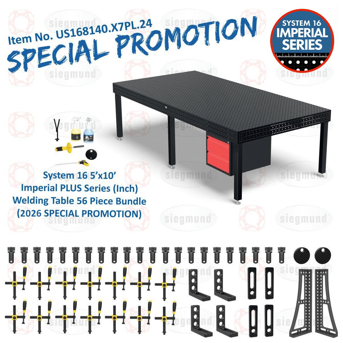 US168140.X7PL.24: Siegmund 5'x10' (60"x120") 8.7 Plus Series System 16 Imperial Welding Table 56 Piece Bundle (2026 SPECIAL PROMOTION) - System 16 Imperial Series Welding Tables by Siegmund - The Flattest, Most Reliable Welding Tables & Fixturing Accessories in the World