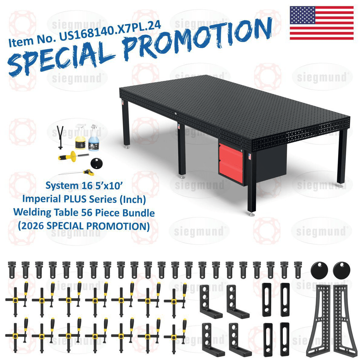 US168140.X7PL.24: Siegmund 5'x10' (60"x120") 8.7 Plus Series System 16 Imperial Welding Table 56 Piece Bundle (2026 SPECIAL PROMOTION) - System 16 Imperial Series Welding Tables by Siegmund - The Flattest, Most Reliable Welding Tables & Fixturing Accessories in the World