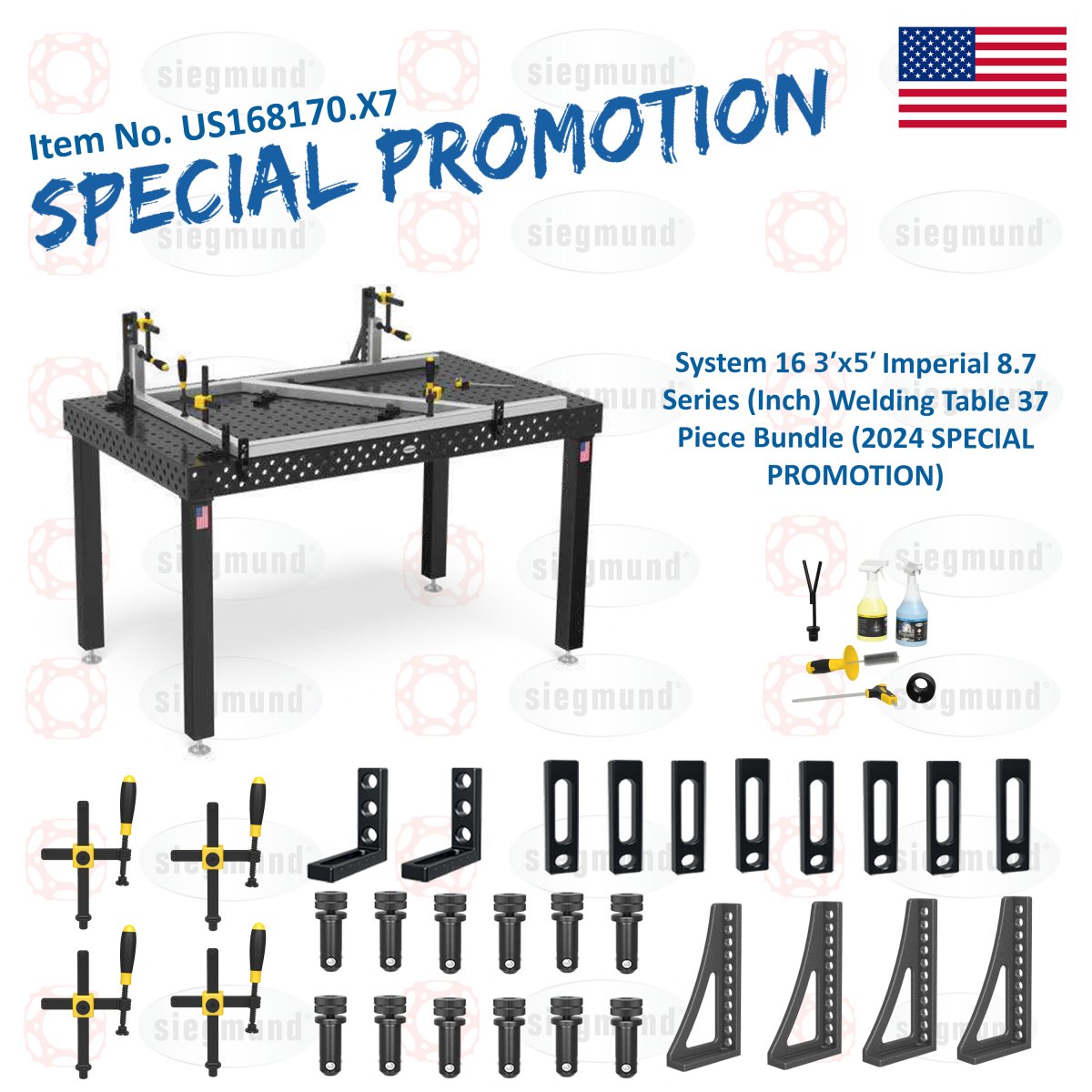 US168170.X7: System 16 3'x5' (36"x60") Imperial 8.7 Series (Inch) Welding Table 37 Piece Bundle (2024 SPECIAL PROMOTION) - System 16 Imperial Series Welding Tables by Siegmund - The Flattest, Most Reliable Welding Tables & Fixturing Accessories in the World