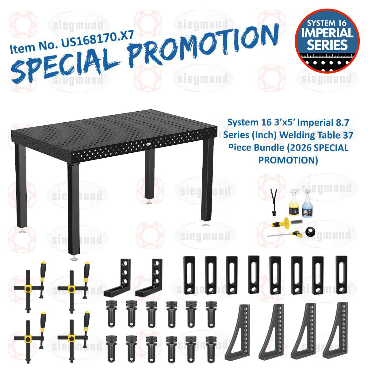 US168170.X7: System 16 3'x5' (36"x60") Imperial 8.7 Series (Inch) Welding Table 37 Piece Bundle (2026 SPECIAL PROMOTION) - System 16 Imperial Series Welding Tables by Siegmund - The Flattest, Most Reliable Welding Tables & Fixturing Accessories in the World